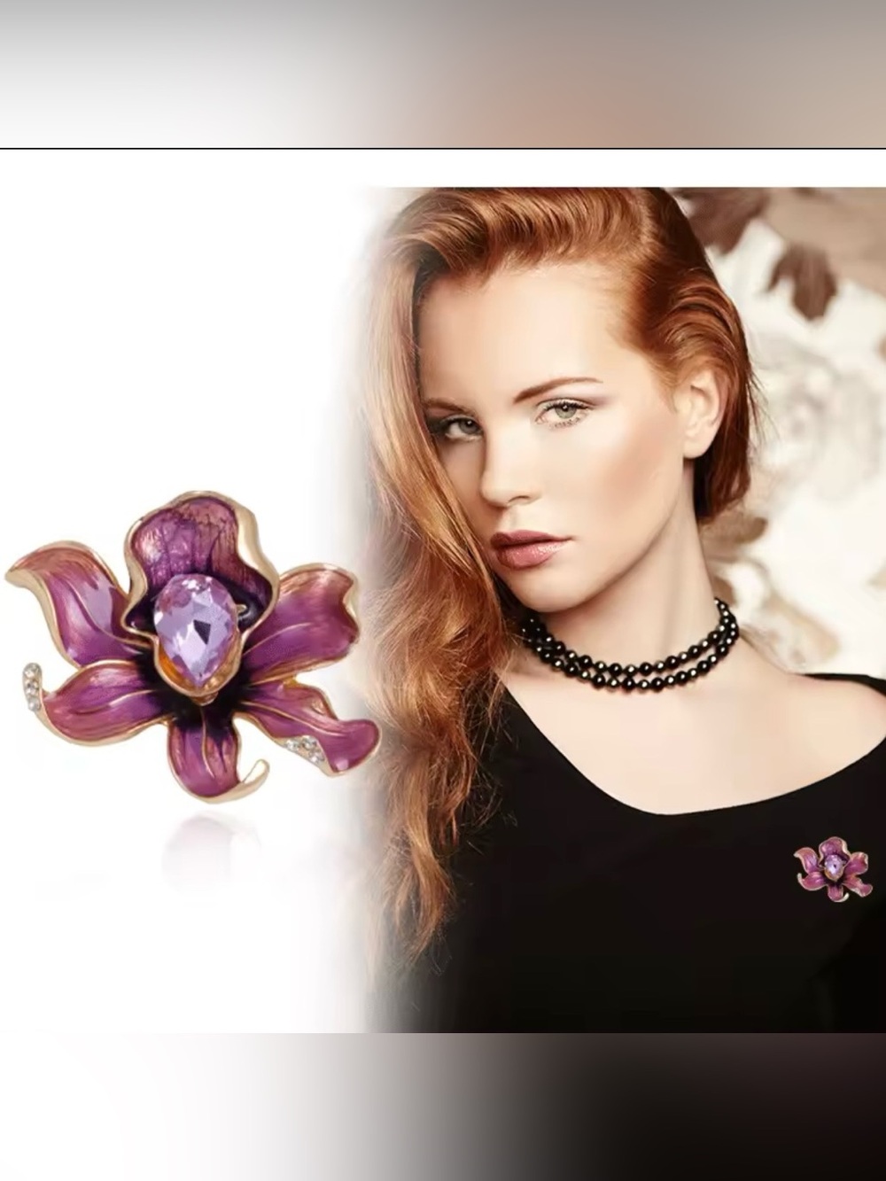 Purple Orchid Flower Brooch Pin with Faceted Center